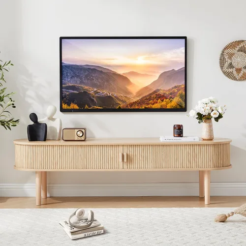 Vista 3 de Soporte de TV, mesa consola multimedia acanalada totalmente montada con puertas correderas, centro de entretenimiento moderno con almacenamiento