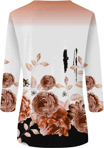 Vista 4 de Ropa de otoño para mujer 2023, blusa de manga corta con cuello redondo y estampado de flores