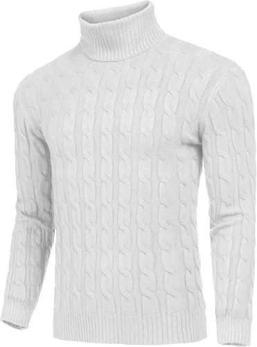 Vista 2 de COOFANDY Suéter de cuello alto ajustado para hombre, suéter de punto trenzado casual