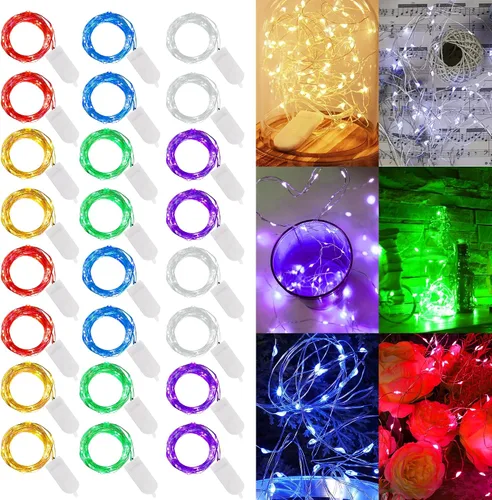 Vista 10 de WATERGLIDE Paquete de 12 luces de hadas que funcionan con pilas (incluidas), 20 miniluces LED de 7 pies, luces impermeables de alambre plateado