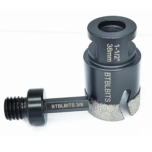 Vista 4 de Broca de núcleo de diamante seco de 1-1/2 pulgadas para azulejos de 1.496 in, adaptador de vástago hexagonal de 3/8 pulgadas, rosca 5/8-11