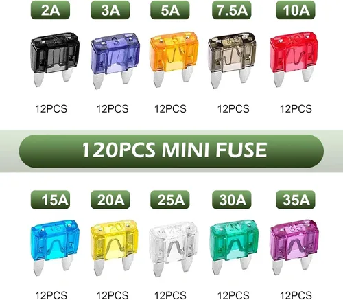 Vista 3 de Juego de 120 fusibles para automóvil, kit de fusibles mini para automoción, para auto, sedán, RV, motocicleta (2A/3A/5A/7.5A/10A/15A/20A/25A/30A/35A)