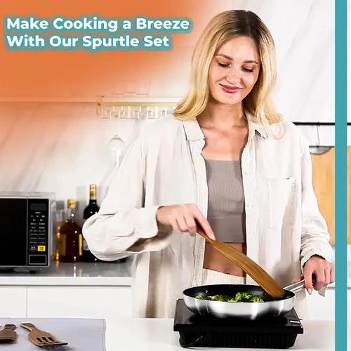 Vista 3 de Juego de 5 espátulas de madera + 1 pinza tostadora para revolver y servir como un genio – Herramientas de cocina de madera. Práctico para chef