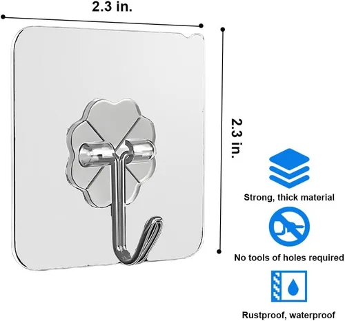 Vista 6 de Paquete de 12 ganchos autoadhesivos resistentes – transparentes, impermeables, ganchos de pared adhesivos para llaves, baño, ducha, exterior, Claro
