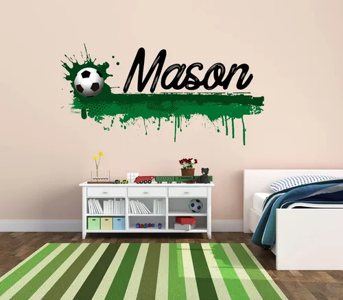 Vista 2 de Calcomanía de pared personalizada con nombre de fútbol, calcomanía de pelota de fútbol con nombre personalizado para habitación de los niños, arte