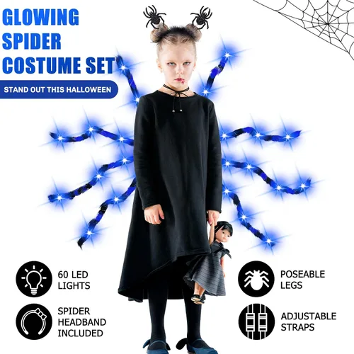 Vista 5 de Garma Light Up Spider Costume for Kids, 60 LED Halloween Spider Backpack Azul y negro