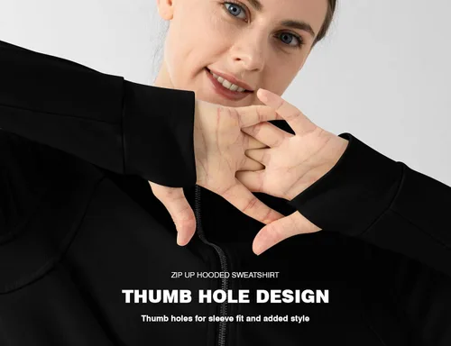 Vista 4 de Rdruko Sudadera con capucha y cremallera completa para mujer, con agujero para el pulgar, de algodón, con cremallera frontal, suave, ligera