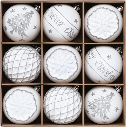 Vista 9 de SHareconn 30 bolas de árbol de Navidad de 2.36 pulgadas, adornos en blanco Blanco y negro