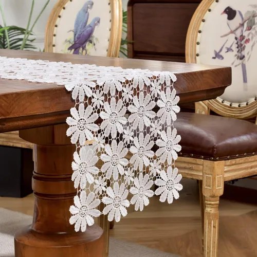 Vista 7 de Camino de mesa de encaje blanco para tocador, camino de mesa de margaritas de comedor de otoño, 13 x 35 pulgadas, mesa de café de té, decoraciones