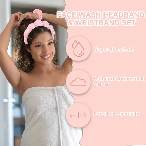 Vista 3 de CAVETEE Diadema de maquillaje para mujer, cuidado de la piel rosa para lavar la cara, lindo spa hinchado con banda elástica y esponjas faciales