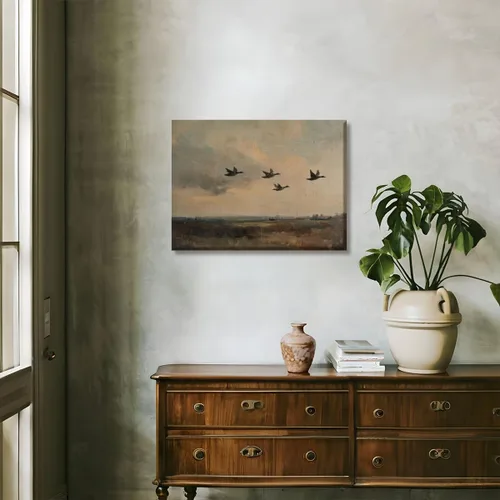 Vista 7 de Póster vintage de pato salvaje volador rústico, paisaje de campo, arte de pared, retro, clásico, naturaleza, lienzo, impresión de prado y patos