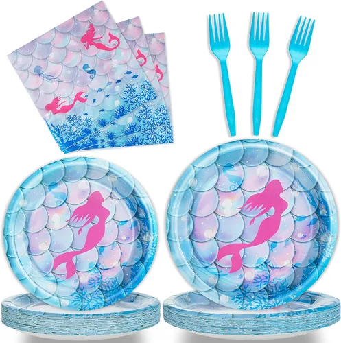 Vista 10 de 96 piezas de platos, servilletas y tenedores para fiesta de cumpleaños azul, verde, plateado, juego de vajilla desechable de papel con temática