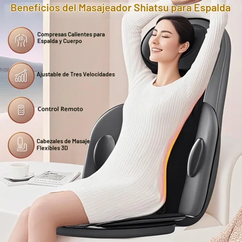 Vista 17 de Masajeador de espalda Shiatsu con calor, cojín de masaje eléctrico para el cuerpo Negro
