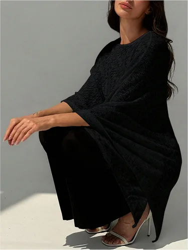Vista 4 de MakeMeChic Ponchos para mujer, suéter de poncho transparente, chal, envolturas, cubrepiernas Negro