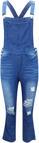 Vista 3 de WUAI-Women Overol de mezclilla elástico casual con pechera de mezclilla desgastada y desgastada