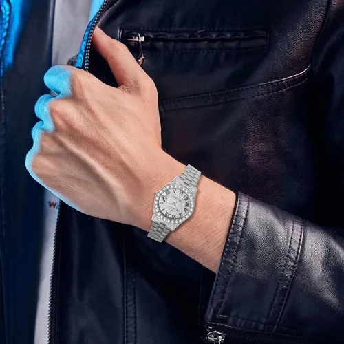 Vista 3 de JewelryWe Mens Iced Out Watches Round Quartz Calendar Wristwatch Hip Hop Gold Plated Stainless Steel Dress Watch for Christmas