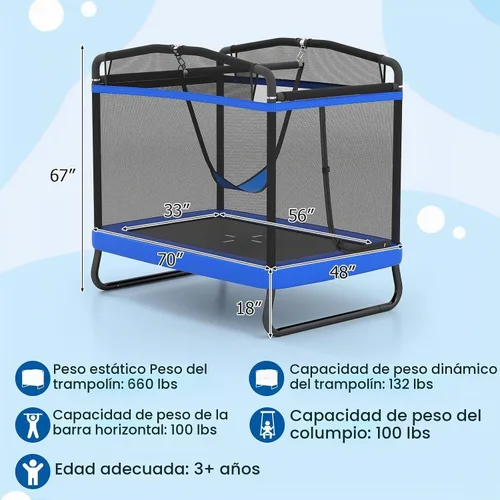 Vista 7 de GYMAX Cama Elástica para Niños, de 70” para Niños Pequeños con Columpio Desmontable, Barra Horizontal y Red de Protección Completa, Cama Elástica