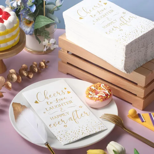 Vista 4 de Pasimy 50 servilletas de despedida de soltera con texto en inglés "Cheers to Love Laughter and Happily Ever After" (Dorado)