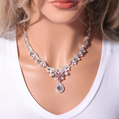 Vista 3 de Conjunto de collar de perlas de novia rojo, esmeralda, azul, rosa, para mujer, esposa, novia, cumpleaños, boda, Gema Zinc, Diamantes de imitación