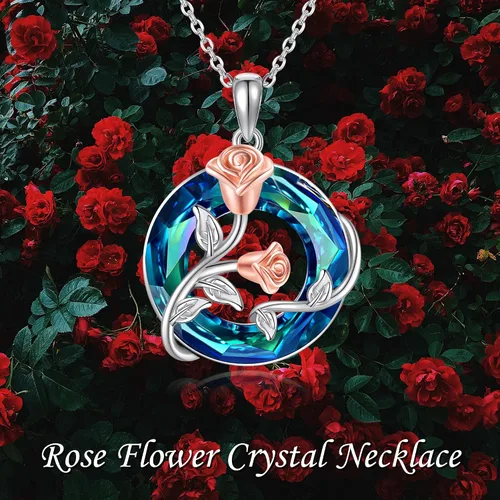 Vista 6 de URONE Collar de flor de rosa de plata de ley 925 con colgante de rosa con círculo de cristal de flor de nacimiento de junio, regalo de joyería