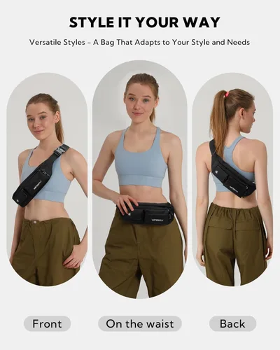 Vista 2 de WATERFLY - Riñonera pequeña con correa para el hombro: bolsa delgada y ligera con 5 bolsillos para la cintura y la cadera, para mujeres y hombres