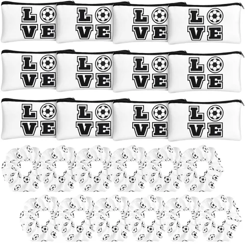 Vista 7 de Sweetude 24 piezas de regalos de fútbol, 12 bolsas de maquillaje, 12 coleteros de satén para niñas, bolsa de viaje portátil para cosméticos, lazos