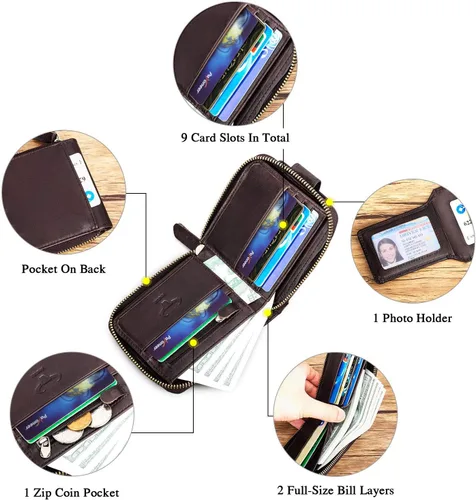 Vista 6 de BAIGIO Billetera de cuero genuino con cremallera alrededor de RFID bloqueo billetera plegable vintage multi tarjetero monedero, Café oscuro, Cartera