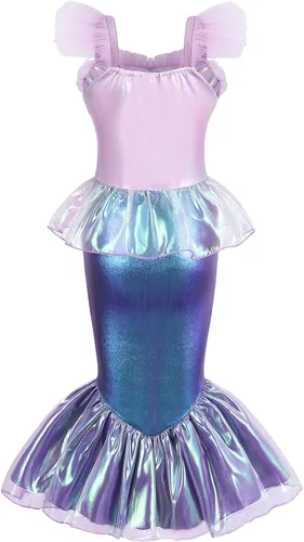 Vista 2 de AmzBarley Disfraz de sirena para niñas pequeñas, disfraz de princesa de cumpleaños, Halloween, cosplay, con accesorios