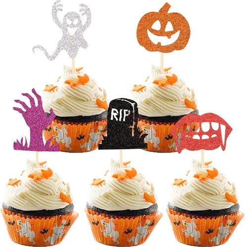 Vista 26 de Paquete de 24 adornos para cupcakes de Halloween con purpurina rosa, fantasma, pequeño abucheo, murciélago, bruja, gato, calabaza, magdalena
