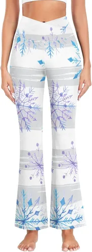 Vista 2 de Leggings acampanados de Navidad, color morado, azul, copo de nieve, líneas grises, pantalones de yoga para mujer, pantalones elásticos de fitness