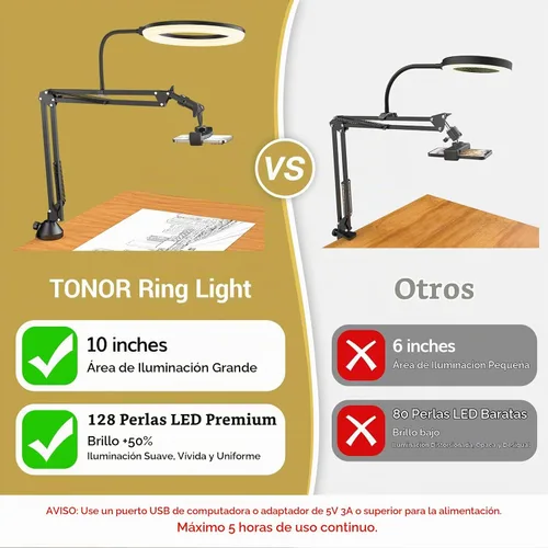 Vista 2 de TONOR Kit de luz de anillo superior, luz de anillo de 10 pulgadas con brazo de pluma Heayy Duty y soporte para teléfono, ángulo ajustable, adecuado