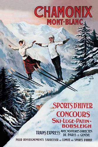 Vista 2 de Laminado Chamonix Mont Blanc Esquí Deporte Alpes franceses Francia Vintage Viaje Anuncio Publicidad Póster de borrado en seco Arte de pared 12x18