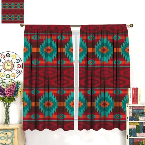 Vista 267 de Cortinas con patrón geométrico tribal, estilo suroeste, azteca, rústico, occidental, nativo americano, opacas, con bolsillo para barra, decoración