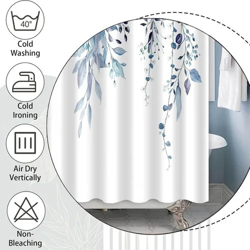 Vista 5 de Cortina de ducha de eucalipto azul, juego de cortinas de ducha de eucalipto con hojas de acuarela impermeables, cortinas de baño de tela con hojas