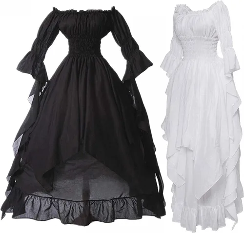 Vista 3 de Vestido victoriano para mujer, disfraz medieval vintage, manga abombada, hombros descubiertos, vestido de princesa renacentista alto y bajo