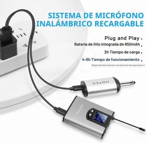 Vista 5 de HOTEC Audífono inalámbrico UHF/Micrófono de solapa Lavalier con transmisor de cuerpo y receptor recargable mini de 6.35 mm de salida para vlogging