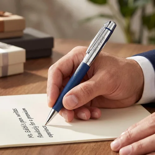 Vista 2 de Ancolo Bolígrafo cromado plateado personalizado, impresionante bolígrafo de lujo con piel sintética, personaliza tu mensaje, nombre. Set de regalo