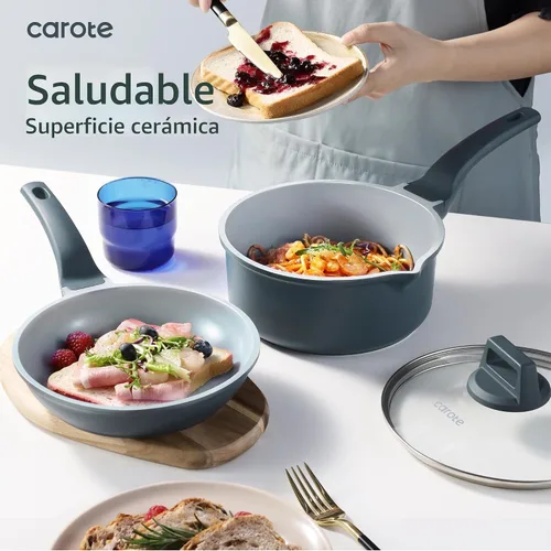 Vista 6 de CAROTE Juego de 14 piezas de utensilios de cocina de cerámica, juego de ollas y sartenes antiadherentes con revestimiento cerámico, juegos de cocina