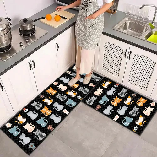 Vista 3 de JWXCBIM Juego de 2 alfombras de cocina con diseño de gato, decoración de estilo granja campestre, tapete de piso de cocina, alfombra antideslizante