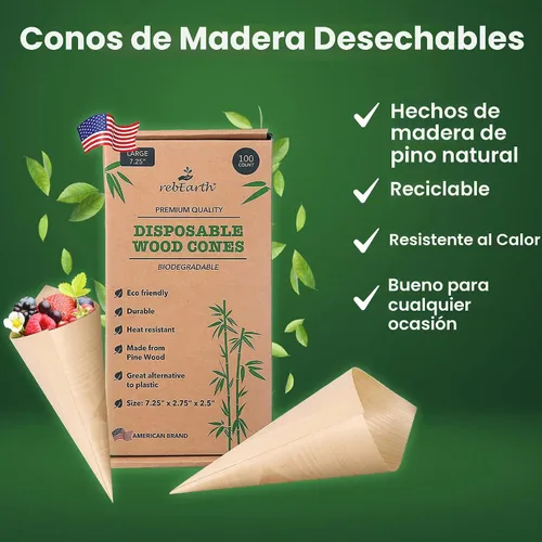 Vista 4 de rebEarth Conos de madera desechables – Conos resistentes al calor para charcutería, aperitivos y aperitivos – Conos de madera de pino