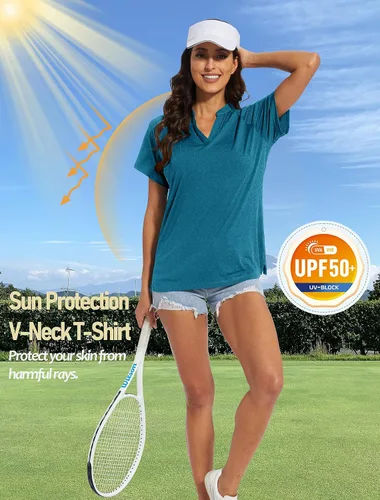 Vista 4 de MAGCOMSEN Camiseta deportiva de manga corta con cuello en V para mujer, absorbe la humedad, UPF 50+, camiseta deportiva para golf