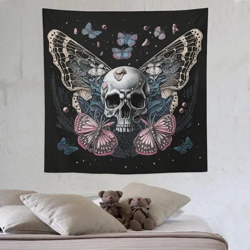 Vista 9 de Naykow Tapiz de calavera y mariposa, tapiz rosa trippy negro, tapiz de bruja gótica para dormitorio, decoración de habitación hippie de mariposa