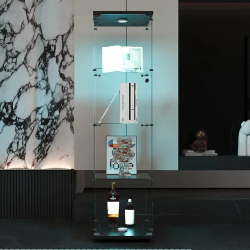 Vista 3 de Vitrina de cristal con luces LED y cerradura, vitrina Curio de 4 niveles con puerta de cristal, estantería de pie para sala de estar, dormitorio