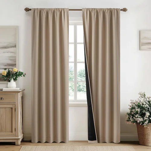 Vista 66 de NICETOWN Biscotti Beige 100% Cortinas opacas de 45" de largo para cocina, bolsillo con varilla para sótano completamente opaco, cortinas térmicas