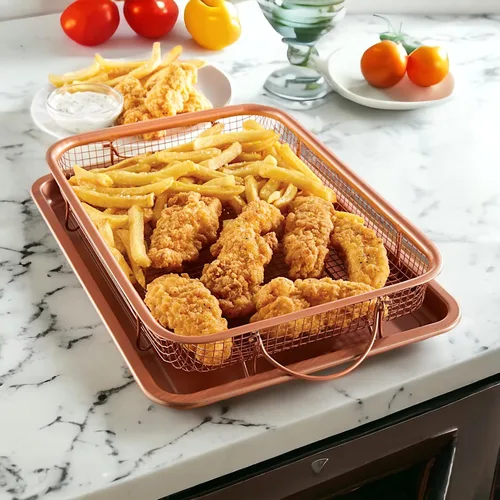 Vista 7 de Baking with G&S - Cesta antiadherente para verduras con bandeja para hornear, cobre, juego de 2 piezas, duradera y fácil de usar