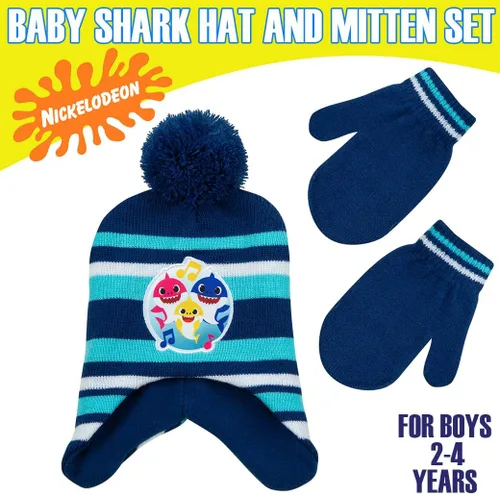 Vista 3 de Nickelodeon Baby Shark - Juego de gorro y manoplas de invierno cálido para niños de 2 a 4 años, 2-4T