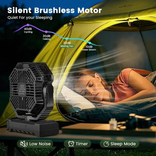 Vista 4 de Ventilador de Neblina Portátil de 20000mAh, Ventilador de Camping Recargable por USB con Luz LED, Operado por Batería para Exteriores, Tiendas