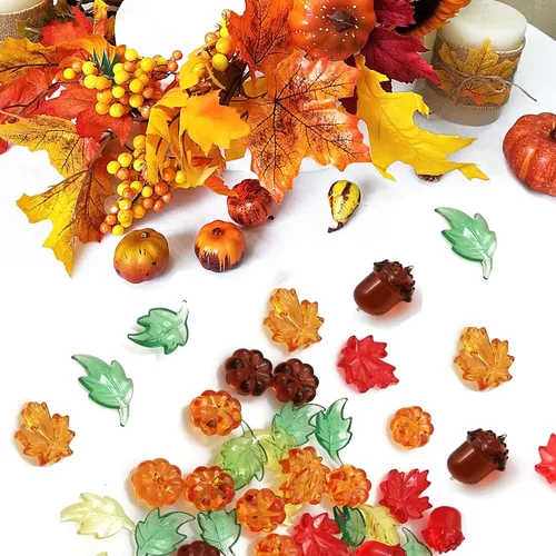 Vista 5 de 125 piezas de relleno de jarrón de otoño para decoración del día de Acción de Gracias, dispersión de mesa de calabaza acrílica, mini hojas de otoño
