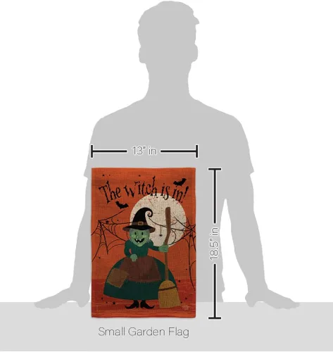 Vista 2 de Juego de banderas de Halloween con estacas de jardín, cartel de arpillera para puerta, soporte de pared, tumba, porche, tapiz al aire libre, bruja