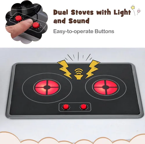 Vista 8 de HONEY JOY Juego de Cocina de Esquina para Niños, Cocina de Juego de Madera Definitiva para Niños Pequeños, Lavadora, Máquina de Hielo, Fregadero